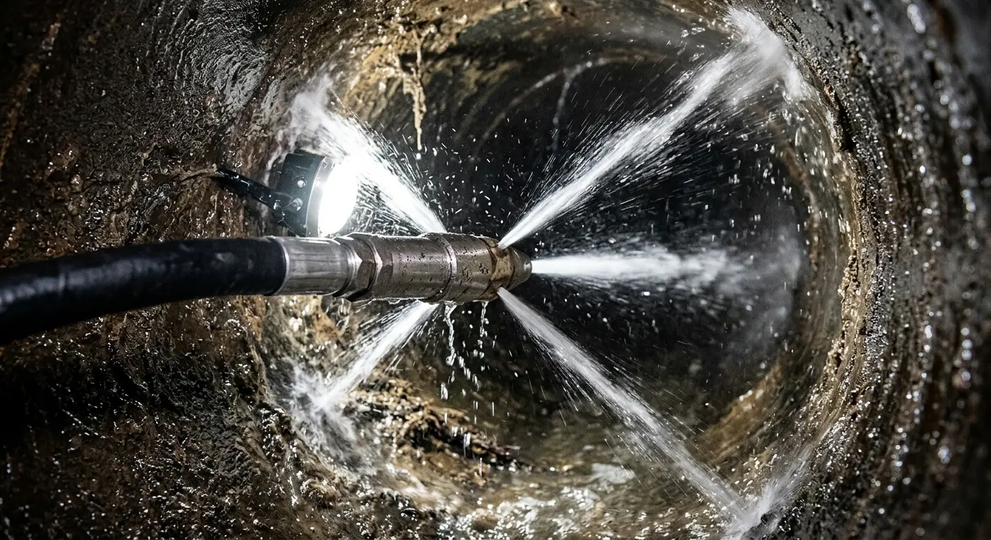 High-pressure hydro jetting nozzle cleaning sewer pipe for Trenchless Sewer Repair in Oakdale