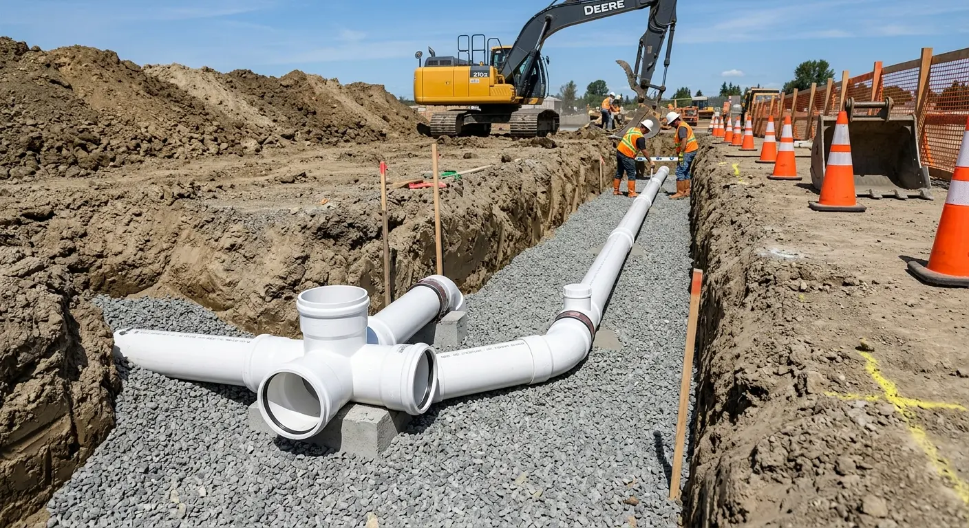 New PVC sewer pipe installation in open trench for Sewer Backup in Oakdale