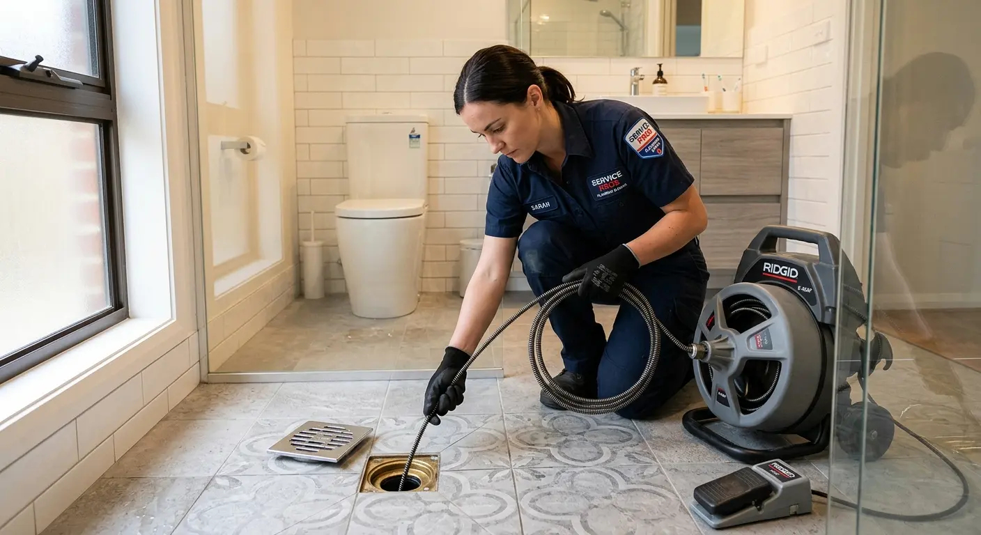 Technician clearing a bathroom floor drain for Drain Cleaning in Oakdale